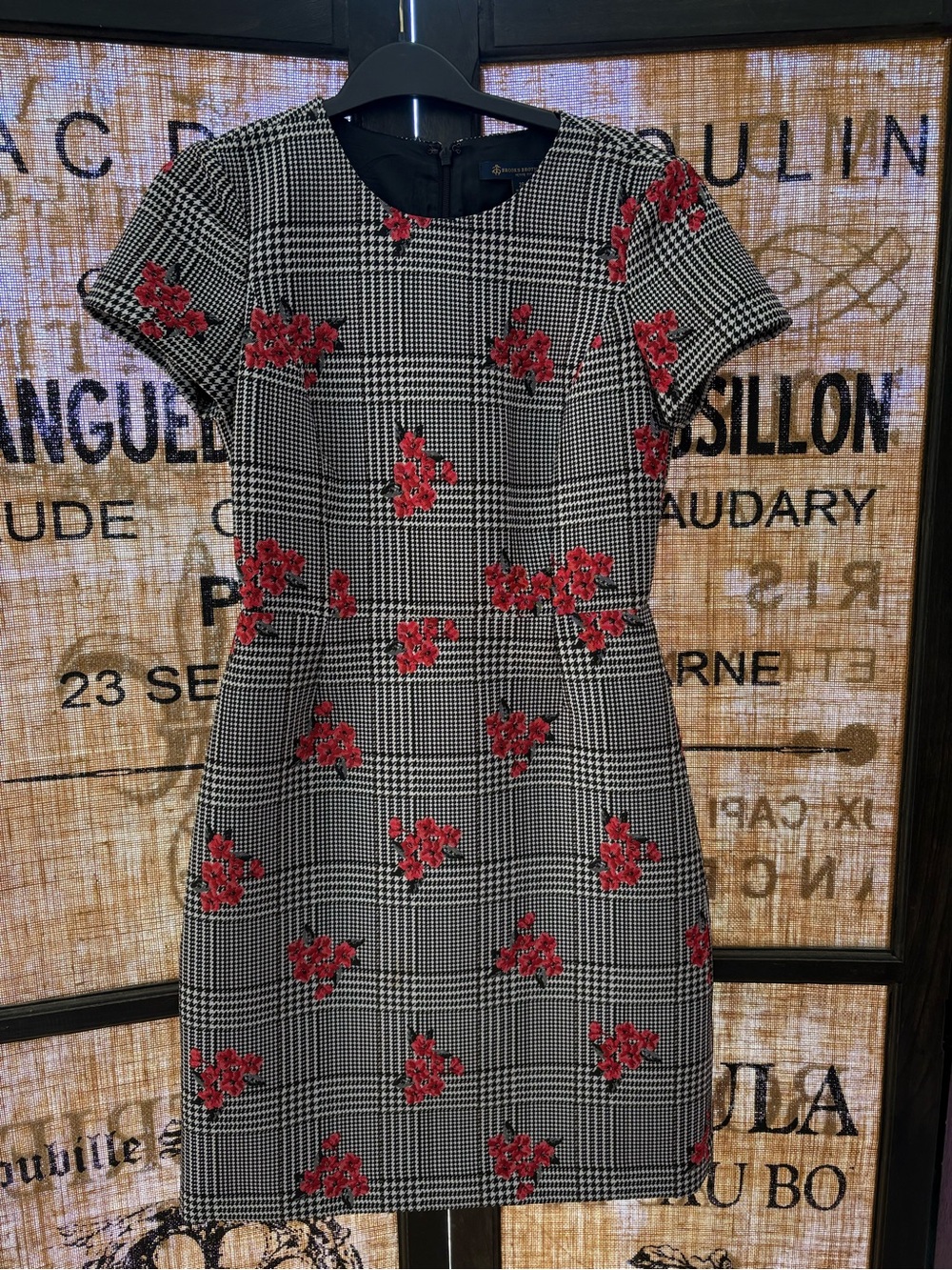 Brooks Brothers Black-and-White Glen Plaid Mini Dress with Red Floral Appliqué